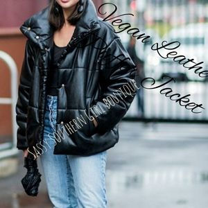 🆕⭐Black Vegan leather Puffer down Jacket
